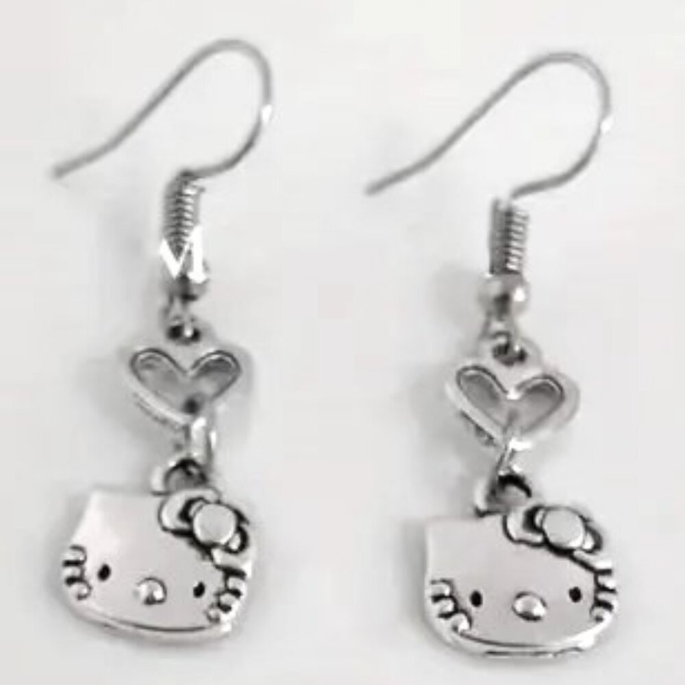 Sanrio Hello Kitty Earrings Love Heart Dangle Silver Cute Goth Emo Scene Gift